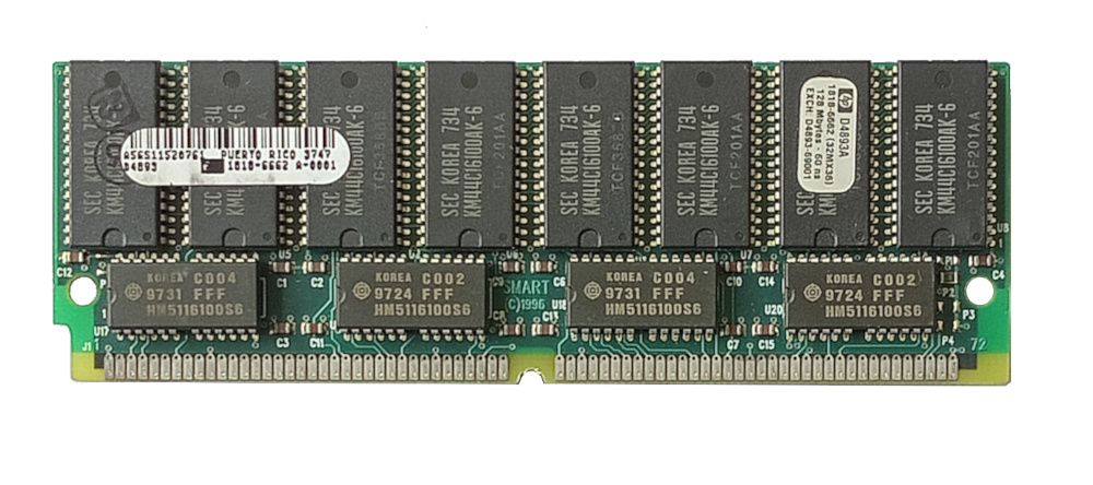HP D4893A 128MB, 60nS, 36-bit parity ECC FPM (Fast Page Mode) SIMM memory module