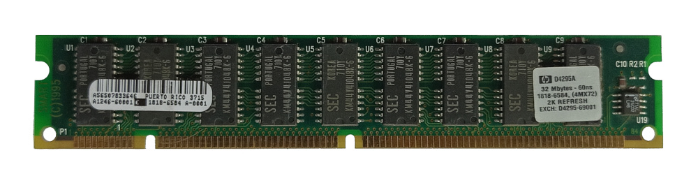 HP D4295A D4295-69001 1818-6584 32MB 4Mx72 2K 60ns 168-pin unbuffered ECC EDO DIMM Memory Module