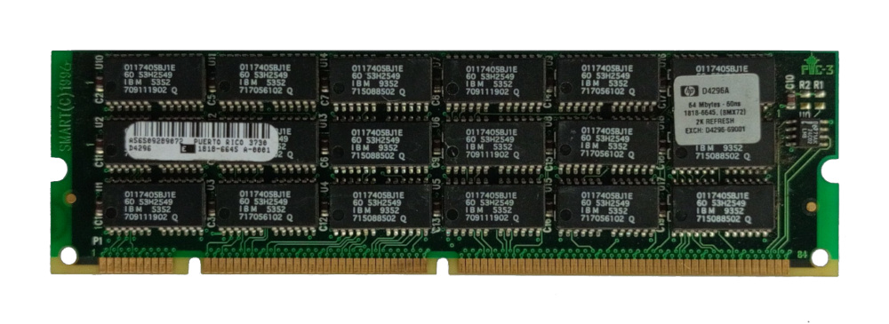 HP D4296A D4296-69001 1818-6645 64MB 8Mx72 2K 60ns 168-pin unbuffered ECC EDO DIMM Memory Module SMART